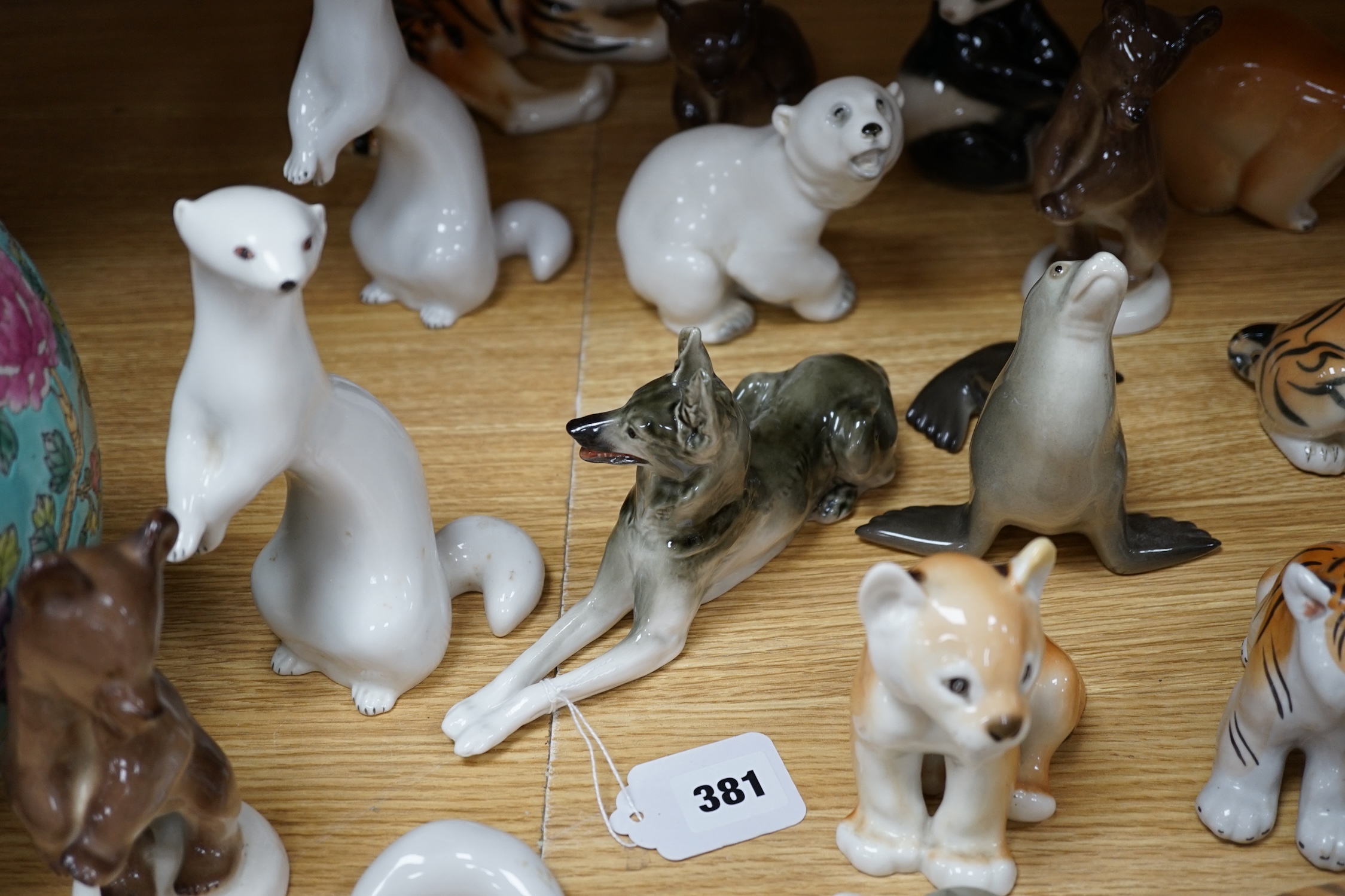 A quantity of Russian ceramic animal ornaments, tallest 19cm. Condition - good